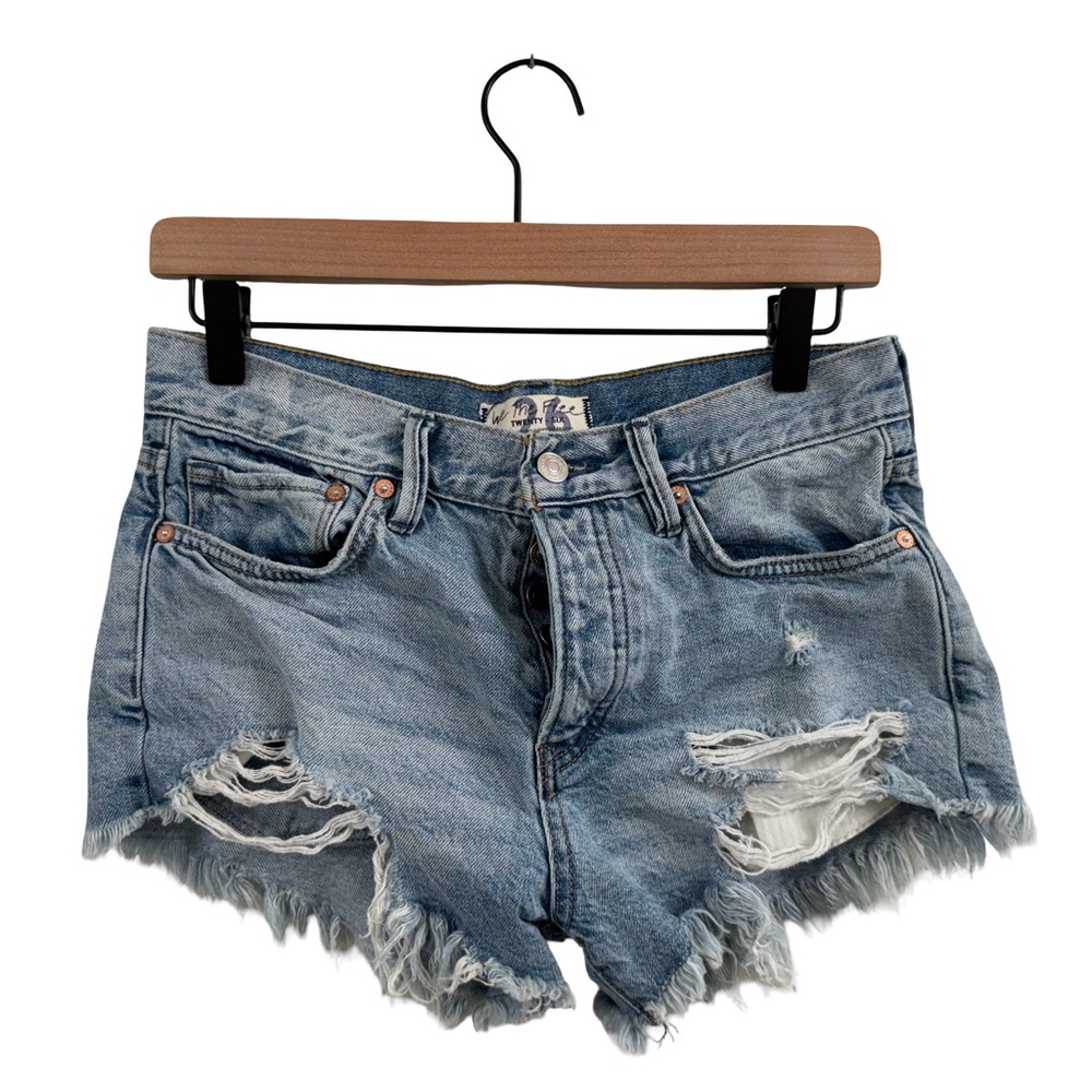 Free People Light Blue Distressed Jean Shorts - Picture 2 of 6